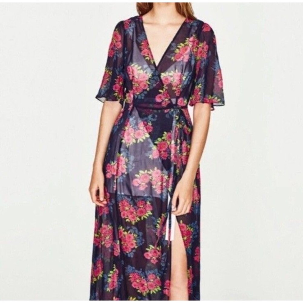Zara SZ XS Floral Sheer Maxi Wrap Tie Front Cover Up Topper Resort Vacation